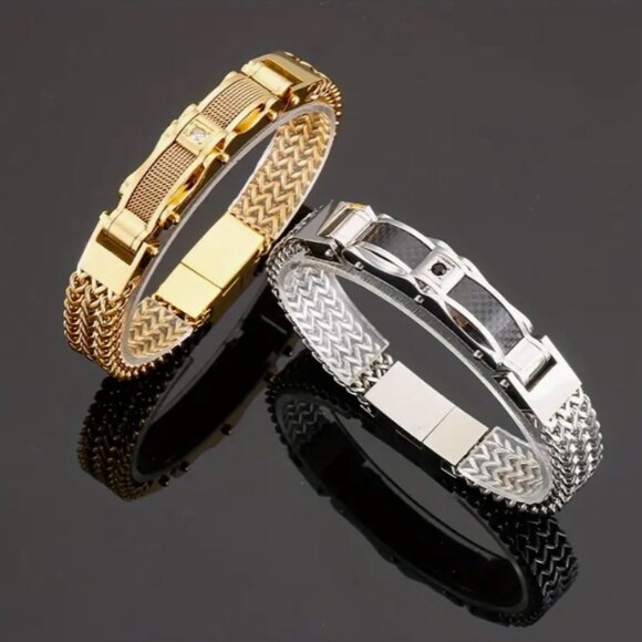 Stainless Steel Bracelet with Sparkling Accents - Rock-Inspired Braided Chain - Picture 2 of 7